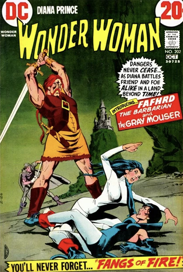 Cover of Wonder Woman issue 202, with Fafhrd from the stories of Fritz Lieber towering over Wonder Woman, sword raised as if to strike